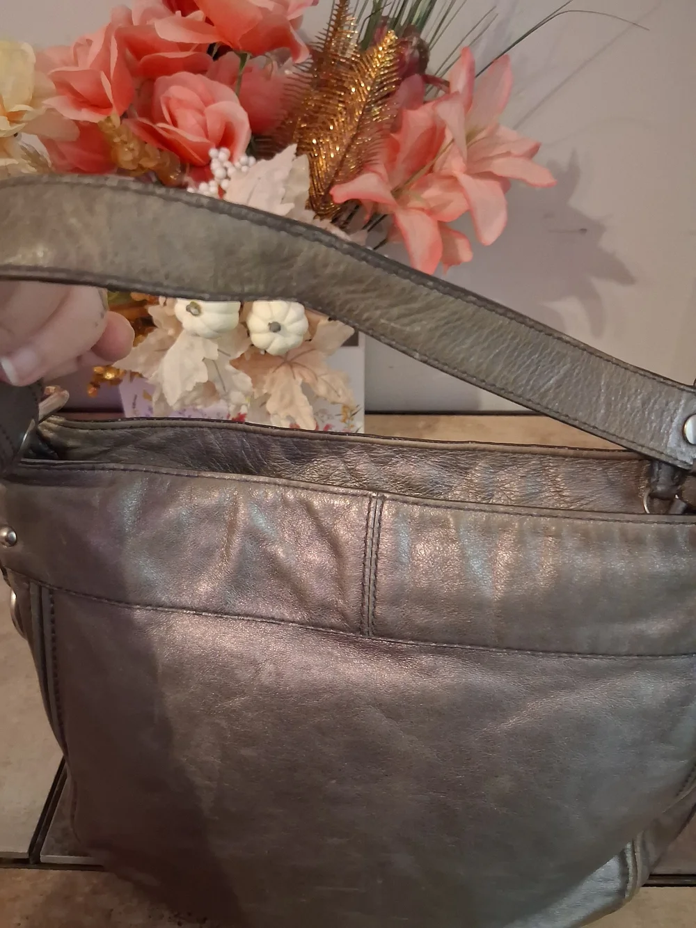 Coach Metallic Silver Leather Shoulder Bag with Logo Tag